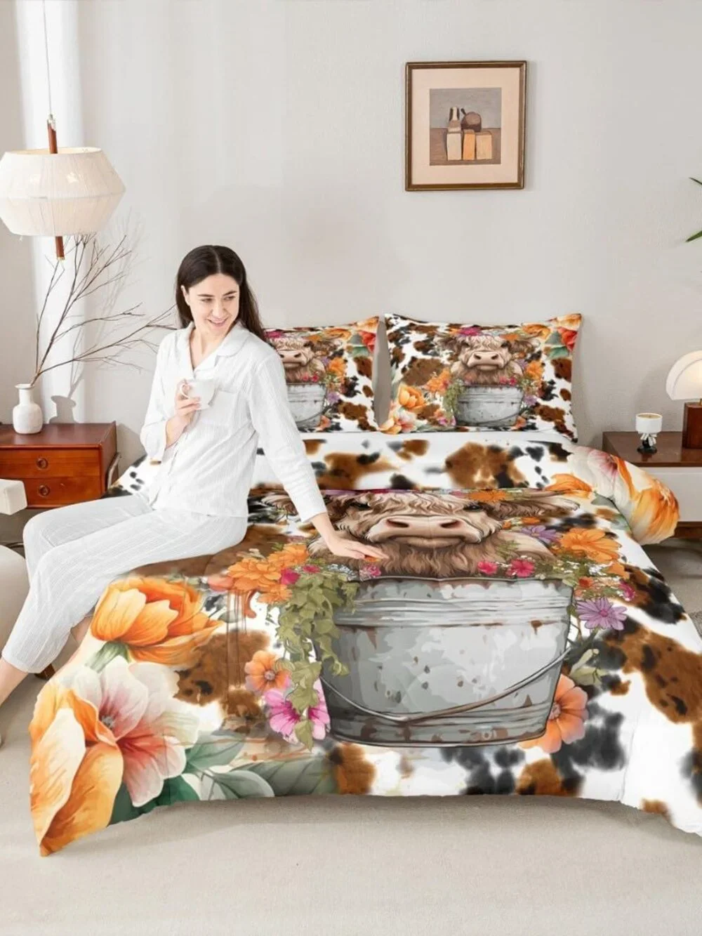 Highland Cattle Cup Comforter Set for Kids Adults,Retro Cow Skin Farmhouse Anima